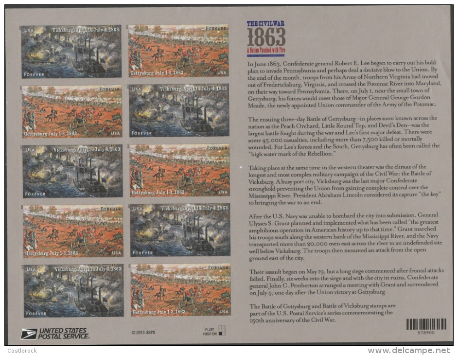 J) 2013 UNITED STATES, THE CIVIL WAR OF 1863, BOAT, HORSES, SOLDIERS, ADHESIVE STIKERS, XF - Other & Unclassified