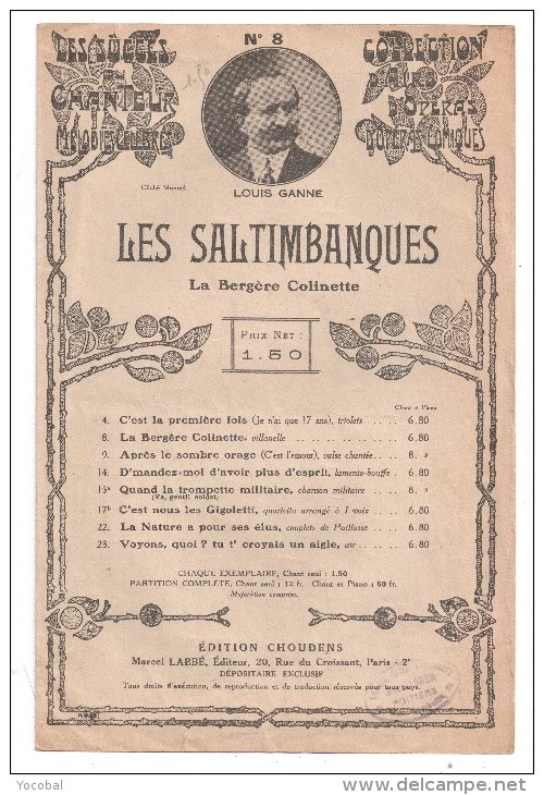 Partitions Musicales, LES SALTIMBANQUES, Paroles M. ORDONNEAU, Musique L. GANNE, Ed : CHOUDENS, Frais Fr : 1.80 - Partitions Musicales Anciennes