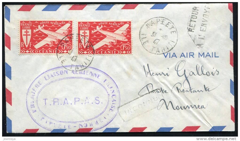 OCÉANIE - PA N° 8 (2) / LETTRE AVION DE PAPEETE LE 31/10/1947, POUR NOUMÉA, 1ére LIAISON TRAPAS - TB - Covers & Documents