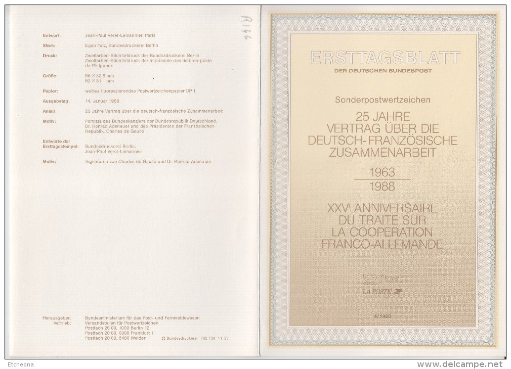 = Traité Sur La Coopération Franco Allemande De Gaulle-Adenauer Signature 22 Janvier 1963 N°2501 & 1183 1er Jour 14 1 88 - De Gaulle (General)