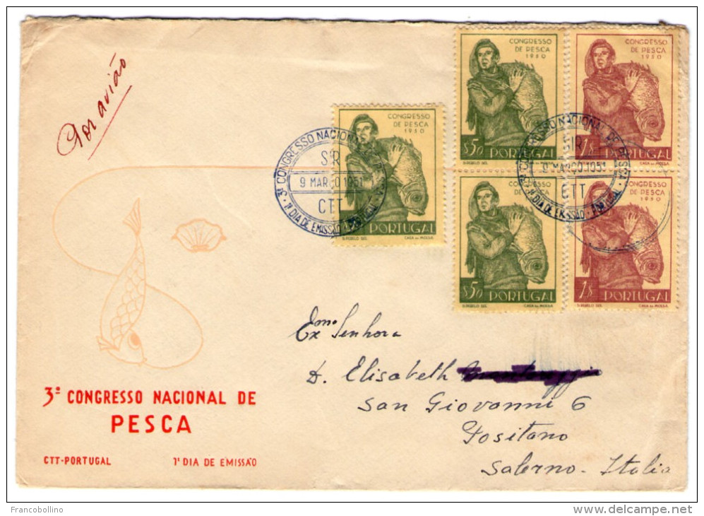 PORTUGAL - 3° CONGRESSO NACIONAL DE PESCA/FISHING / FDC TO ITALY 1951 - Storia Postale