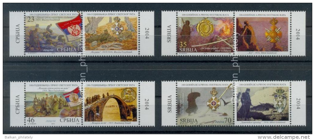 Serbia 2014 First World War 100th Anniversary, WW1, Arts, Flags, Medals, Swords, Helmet, Set + Vignette MNH - WO1