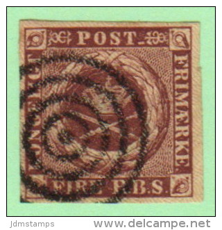 DEN SC #2a  Royal Emblems  4-margins  1st Printing  W/target Cancel, CV $40.00 - Used Stamps