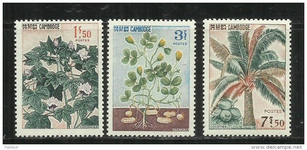 KAMPUCHEA - CAMBOGIA CAMBODIA CAMBOGE 1965 FLORA PLANTS COTTON COCONUT PALM PEANUT SET MNH - Kampuchea