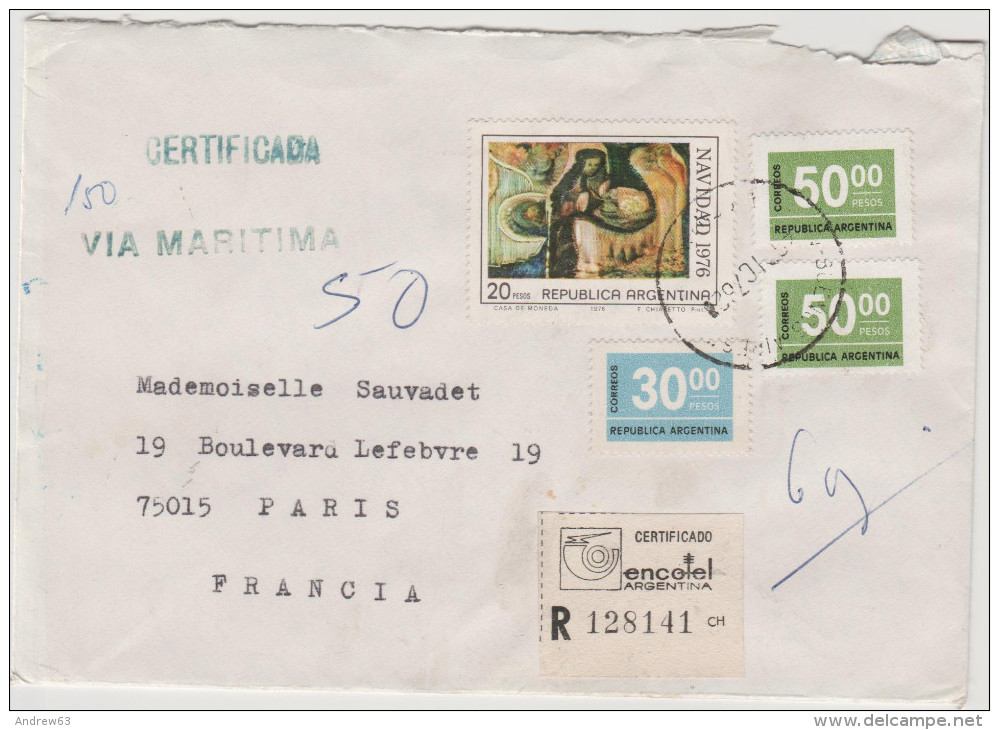 ARGENTINA - ARGENTINE - LETTER LETTRE - RACCOMANDATA CERTIFICADA RECOMMANDE - VIA MARITIMA - 1976 - Viaggiata Per Paris - Cartas & Documentos