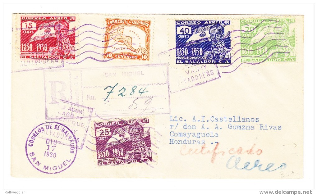 El Salvador R-Brief San Miguel 17-12-1930 Nach Honduras FDC Bolivar - Salvador