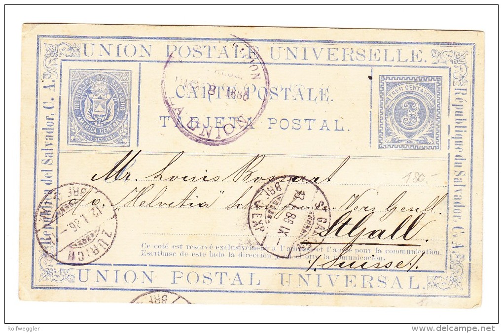 El Salvador UPU Karte 3 C. Nach St. Gallen CH Mit AK-Stempel 13.1.1886 Und Transit ZH - Salvador