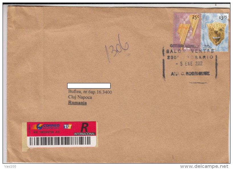STAMPS ON REGISTERED COVER, NICE FRANKING, PAN- PIPE, 2002, ARGENTINA - Briefe U. Dokumente