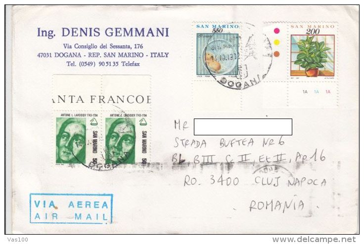 STAMPS ON COVER, NICE FRANKING, FLOWER, HAMSTER, PAITING, 1992, SAN MARINO - Covers & Documents