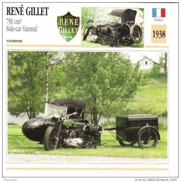 Fiche Moto  -  René Gillet 750cc Avec Side-car Vannod  -  1938  -  Carte De Collection - Motorfietsen