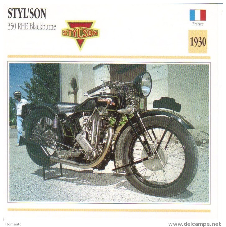 Fiche Moto  -  Styl'son 350 RHE Blackburne  -  1930  -  Carte De Collection - Motorfietsen