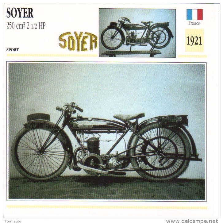 Fiche Moto  -  Soyer 250cc 2 1/2 Hp  -  1921  -  Carte De Collection - Motos