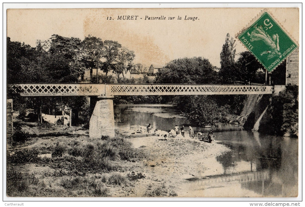 Cpa " MURET - Passerelle Sur La Louge " Lavandières Au Bord De La Rivière - 1917 , Vers Sérignan - Ed. Gasc Et Molles - Muret