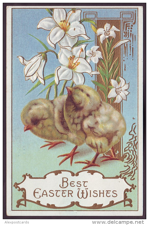 BEST EASTER WISHES. TWO CHICKS AND LILY FLOWERS (Nice Embossed, 1900's) - Easter