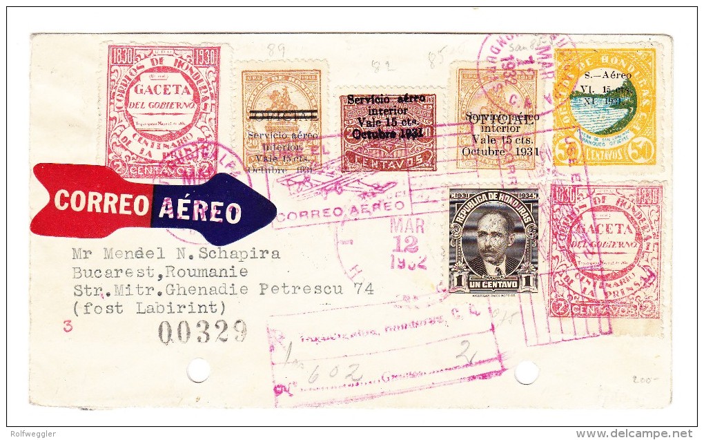 Honduras R-Flug Brief Tegucigalpa Mar.12.1932 Nach Bucarest Mit Ak Und Transit Stempel - Honduras