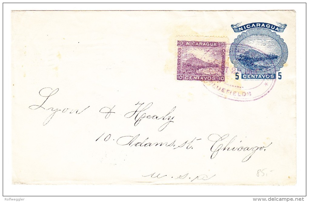 Nicaragua - GS 5 C. Mit Zusatz 10 C. Oct.20.1903 Bluefields Nach Chicago - Nicaragua