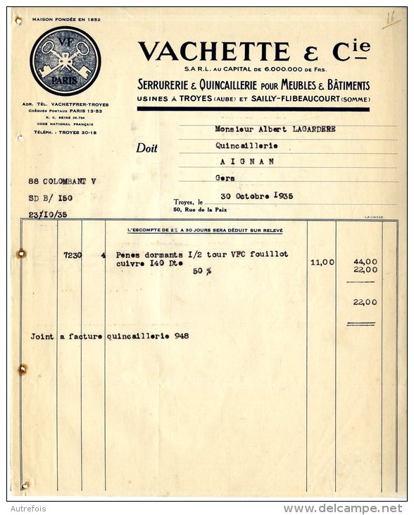 VACHETTE ET CIE  -  SERRURERIE QUINCAILLERIE POUR MEUBLES ET BATIMENT  -  TROYES  -  1935 - 1900 – 1949