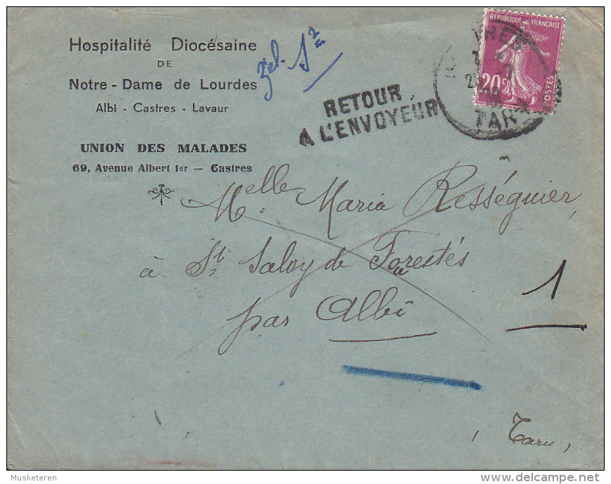 France Notre Dame De Lourdes UNION DES MALADES, CASTRES 1938? Cover Lettre Semeuse RETOUR A L'ENVOYEUR Ambulant Arrivé - 1906-38 Säerin, Untergrund Glatt