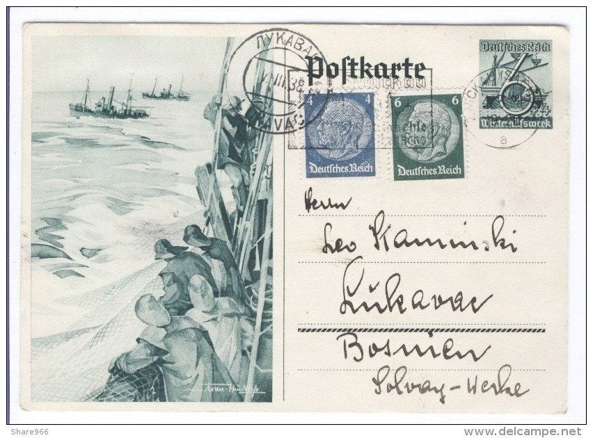 Deutsche Reich 1938. - Fishermen, Postal Stationary - Zwickau (Germany) To Lukavec (Bosnia) - Covers & Documents