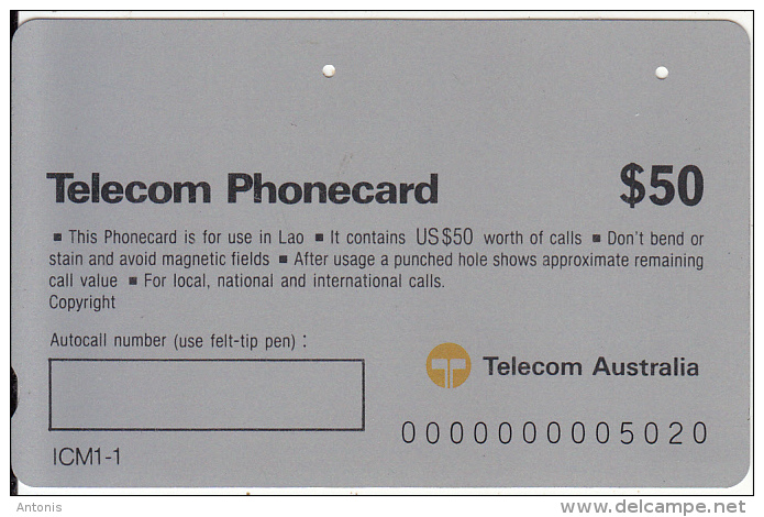 LAOS(tamura) - Temple, TAI EPTL/Telecom Australia First Issue $50(used By The Australian Military In Laos), Used - Laos