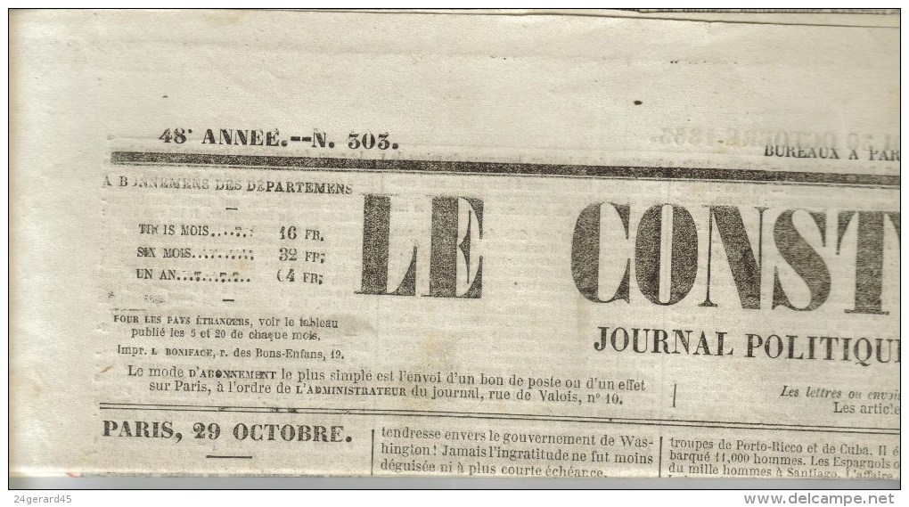 JOURNAL QUOTIDIEN "LE CONSTITUTIONNEL" DU 30/10/1863 N°303 SUR 4 Pages - 1850 - 1899