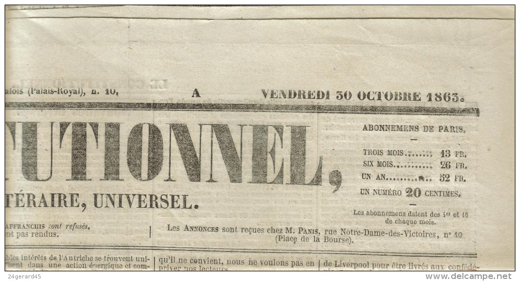 JOURNAL QUOTIDIEN "LE CONSTITUTIONNEL" DU 30/10/1863 N°303 SUR 4 Pages - 1850 - 1899