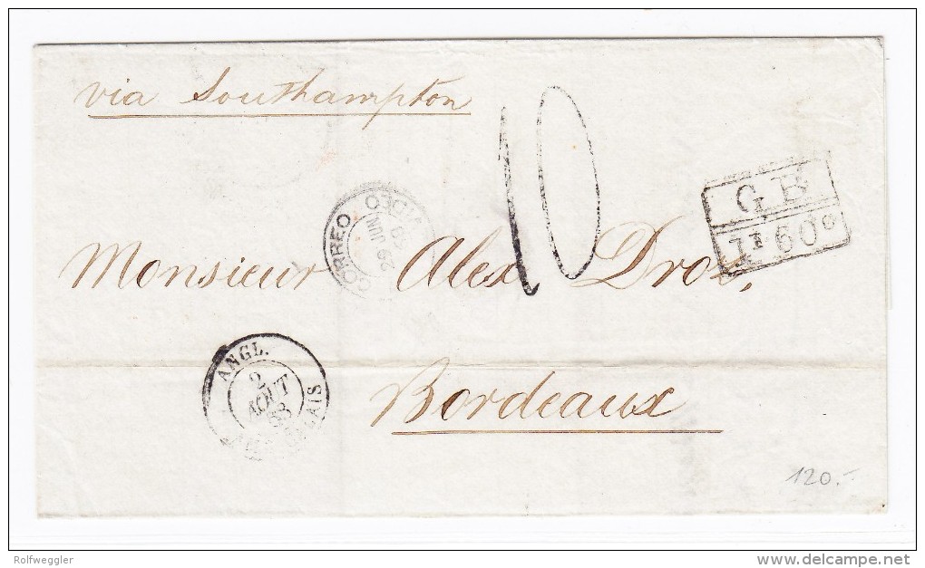 Uruguay Vorphila Briefhülle Montevideo 2.8.1868 Nach Bordeaux F. Mit Zug Und Ak. Stempel - Uruguay