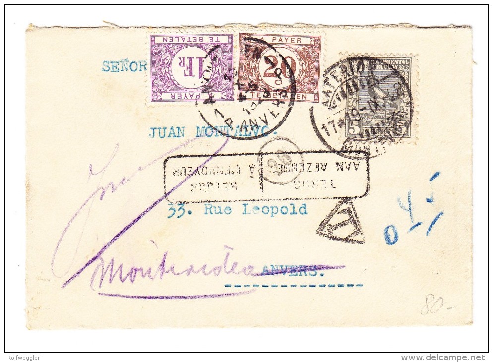 Uruguay Brief Montevideo 1948 Nach Anvers Und Retour 1 + 0.20 Fr. Belgische Portomarken - Uruguay