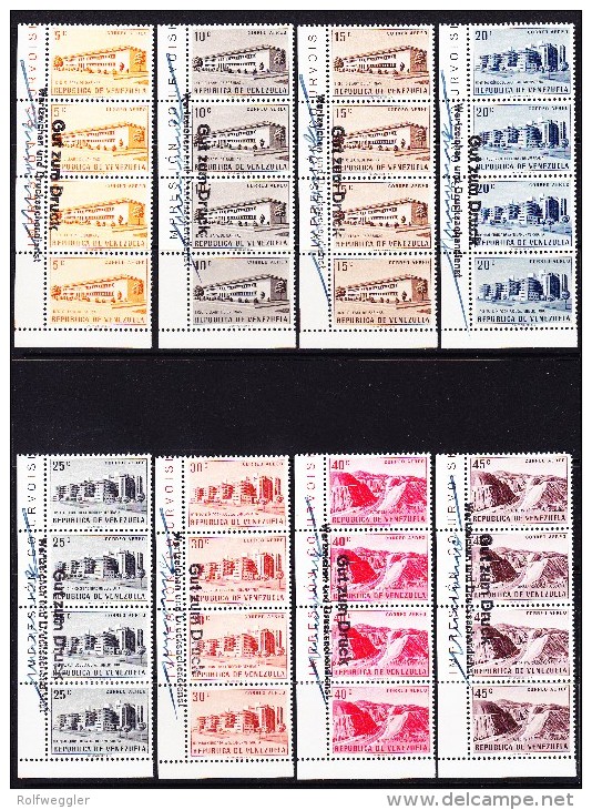 Venezuela 1956 Neubauten Mi.#1126-1141 (16Werte) 4-er Streifen Mit Stempel "Gut Zum Druck) Aus Courvoisier Archiv - Venezuela