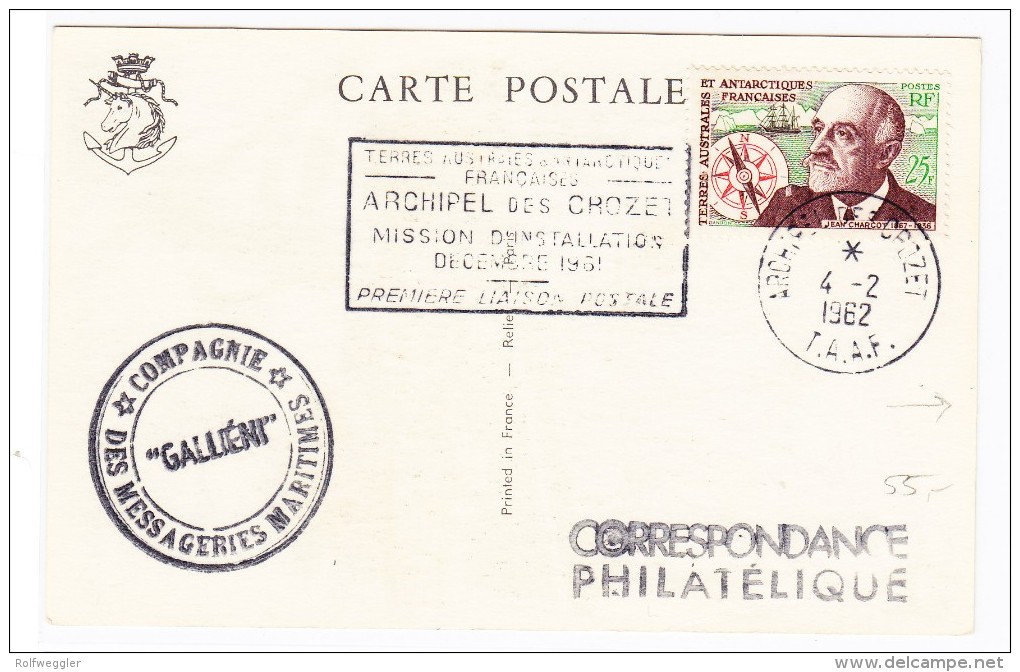 TAAF Archipel Des Crozet 4.2.1962 Sur Carte Postale Messageries Maritimes - Lettres & Documents