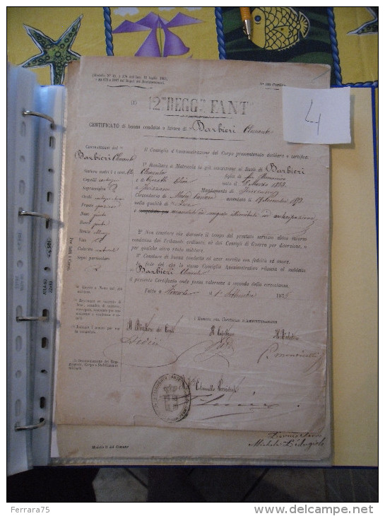 12°REGGIMENTO FANTERIA CERTIFICATO BUONA CONDOTTA 1875 - Documents