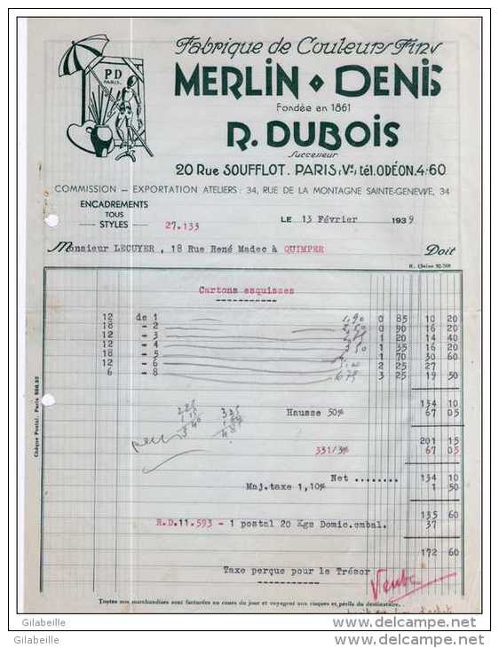 Paris (75) Facture Merlin Denis R.dubois - Fabrique De Couleurs - 1939 - 1900 – 1949