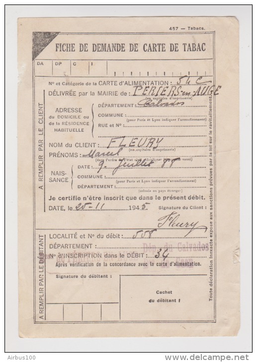 Fiche De Demande De Carte De Tabac 25 Novembre 1945 - Périers En Auge Calvados - - Documentos