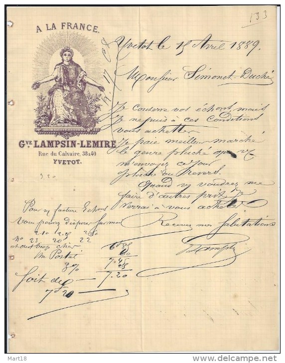 Facture Lettre 1889 LAMPSIN & LEMIRE à YVETOT (76) - 1800 – 1899