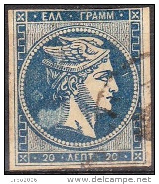 GREECE 1875-1880 Large Hermes Head On Cream Paper With CN 20 L Blue Vl. 65 With Light Spot In Neck - Used Stamps