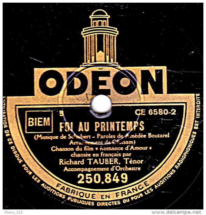 78 Trs - ODEON 250.849 - état TB - RICHARD TAUBER Ténor - LA ROSE SAUVAGE - FOI AU PRINTEMPS - 78 Rpm - Schellackplatten