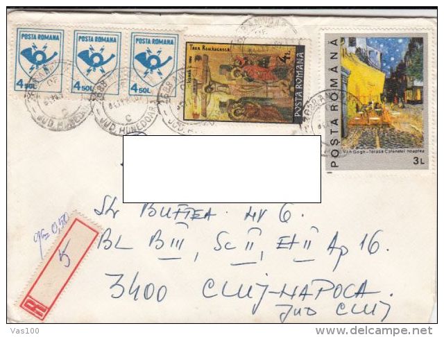 STAMPS ON REGISTERED COVER, NICE FRANKING, PAINTINGS, SEAGULL, 1991, ROMANIA - Storia Postale