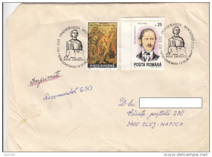 STAMPS ON REGISTERED COVER, NICE FRANKING, ICON, EMINESCU MONUMENT SPECIAL POSTMARK, 1994, ROMANIA - Lettres & Documents