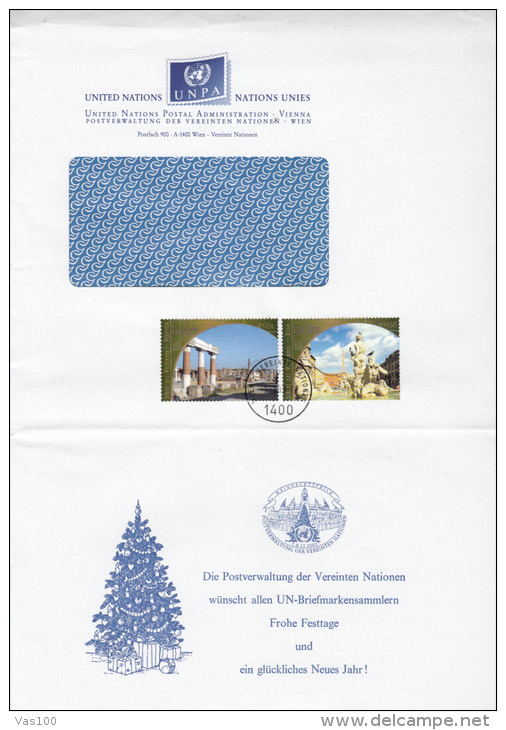 STAMPS ON COVER, NICE FRANKING, POMPEI RUINS, ROME TREVI FOUNTAIN, 2003, UN- VIENNA - Lettres & Documents