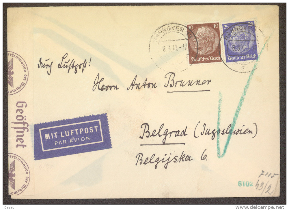 Germany WWII Censored Luftpost Letter Hannover - Belgrade 1941 - Briefe U. Dokumente
