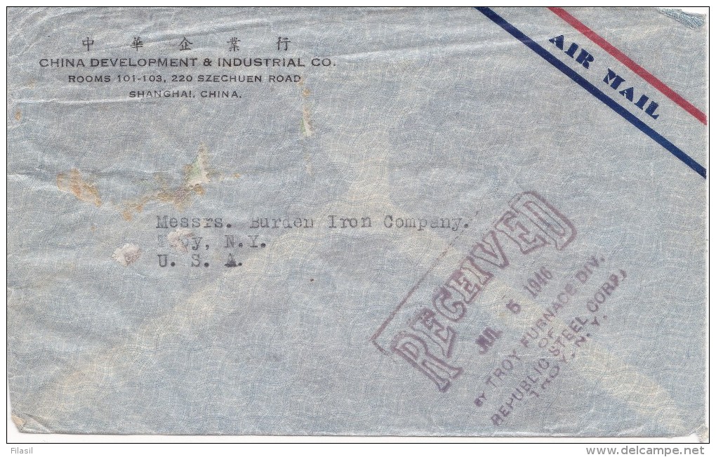 SI53D Cina China Chine Busta Cover Shanghai Air Mail 18/06/1935  TROY NY U;S:A: Il 05/06/1946 - 1912-1949 Repubblica