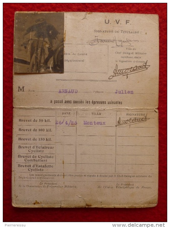 CARTE PREPARATION MILITAIRE UNION VÉLOCIPÉDIQUE DE FRANCE 1925 - Wielrennen