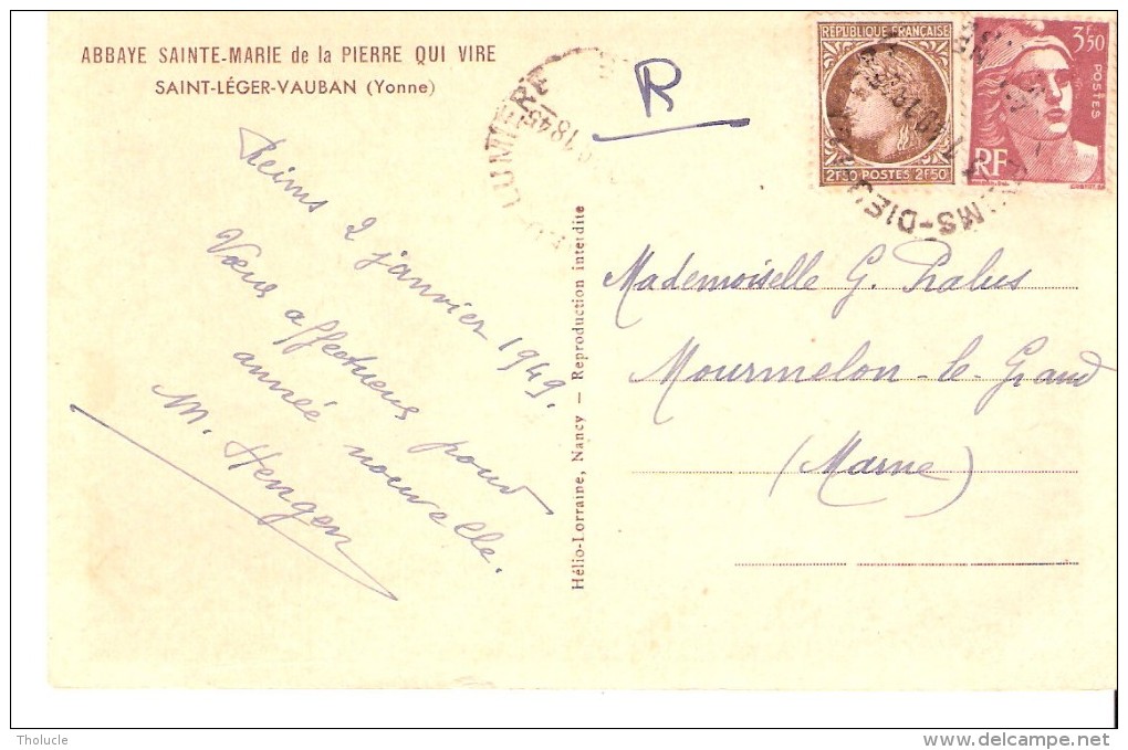 Carte Postale-Cérès De Mazelin- YT 681- 1949- Recto - Abbaye Sainte-Marie De La Pierre Qui Vire-Saint-Léger-Vauban-Yonne - 1945-47 Cérès De Mazelin