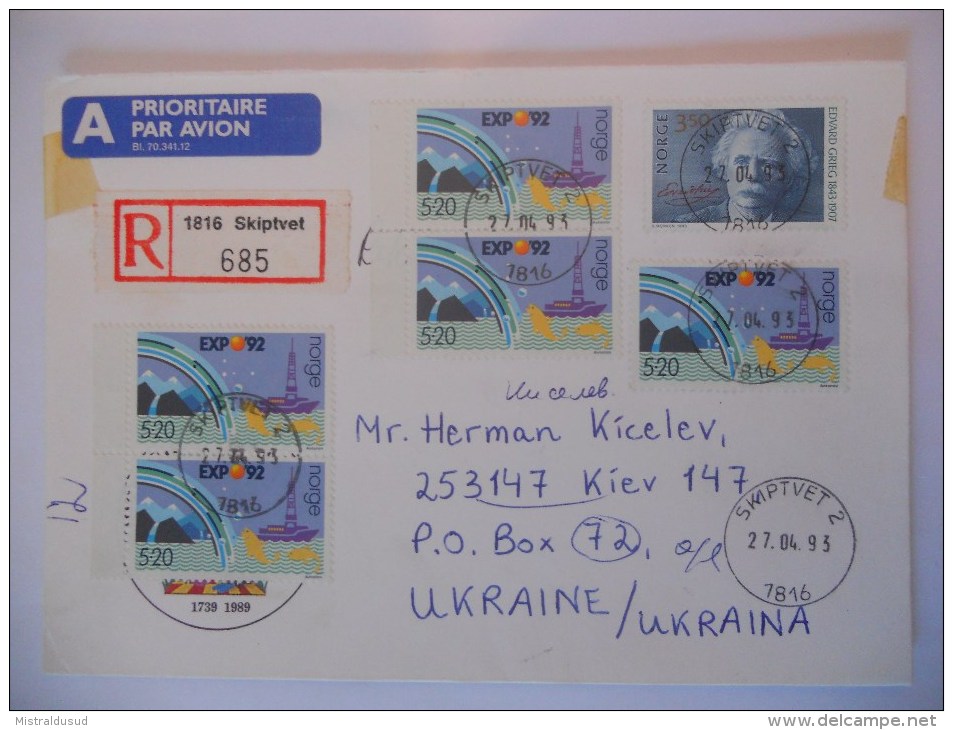 Norvege Lettre Recommande De Skiptvet 1993 Pour Kiev - Lettres & Documents