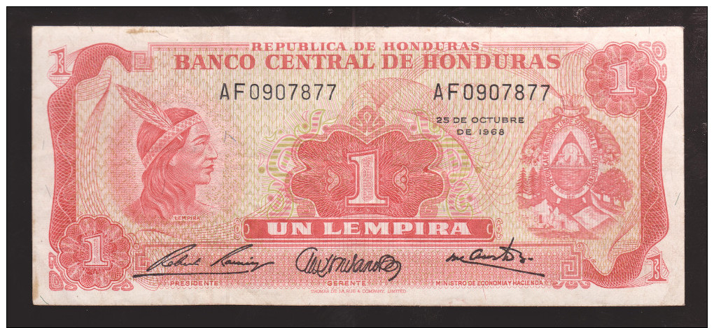 HONDURAS BANKNOTE 1 Lempira 1968 Pick 55a Scarce - Honduras