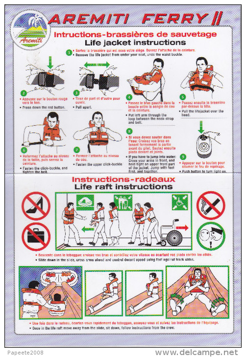 Polynésie / Tahiti / Bateau De Transport De Passagers "Aremiti Ferry 2" / Consignes De Sécurité / Safety Card - Sonstige & Ohne Zuordnung