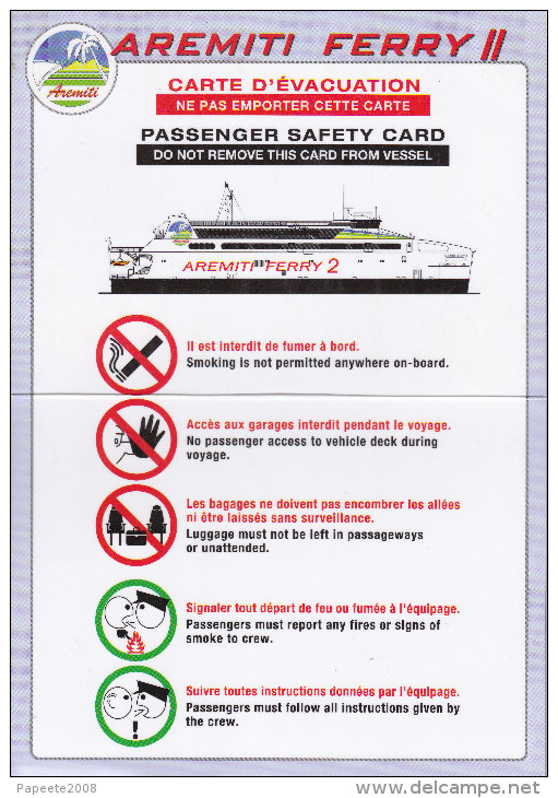 Polynésie / Tahiti / Bateau De Transport De Passagers "Aremiti Ferry 2" / Consignes De Sécurité / Safety Card - Sonstige & Ohne Zuordnung