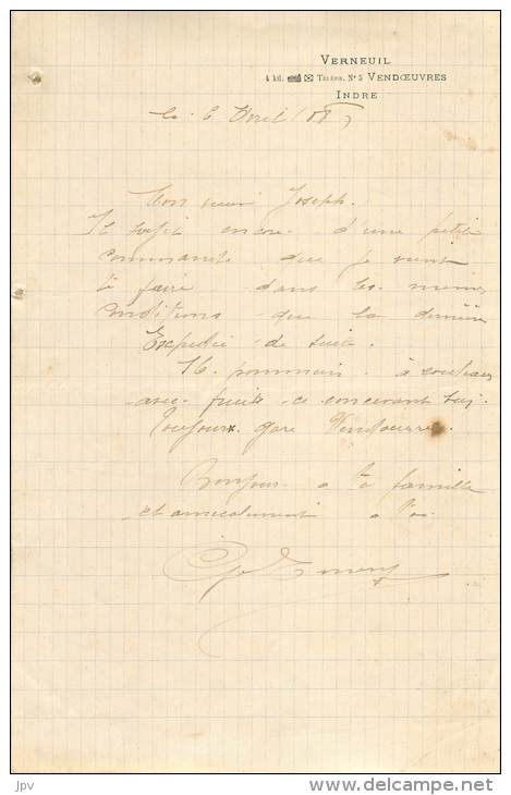 FACTURE LETTRE : VERNEUIL . INDRE . 1887 . - 1800 – 1899