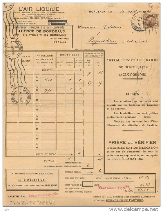 FACTURE LETTRE : BORDEAUX . AGENCE L'AIR LIQUIDE . 1946 - 1800 – 1899