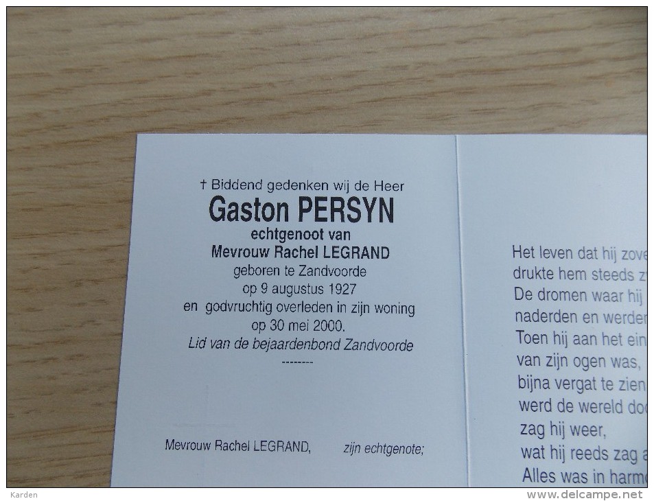 Doodsprentje Gaston  Persyn Zandvoorde 1927 - 30/5/2000 ( Rachel Legrand ) - Religion & Esotericism